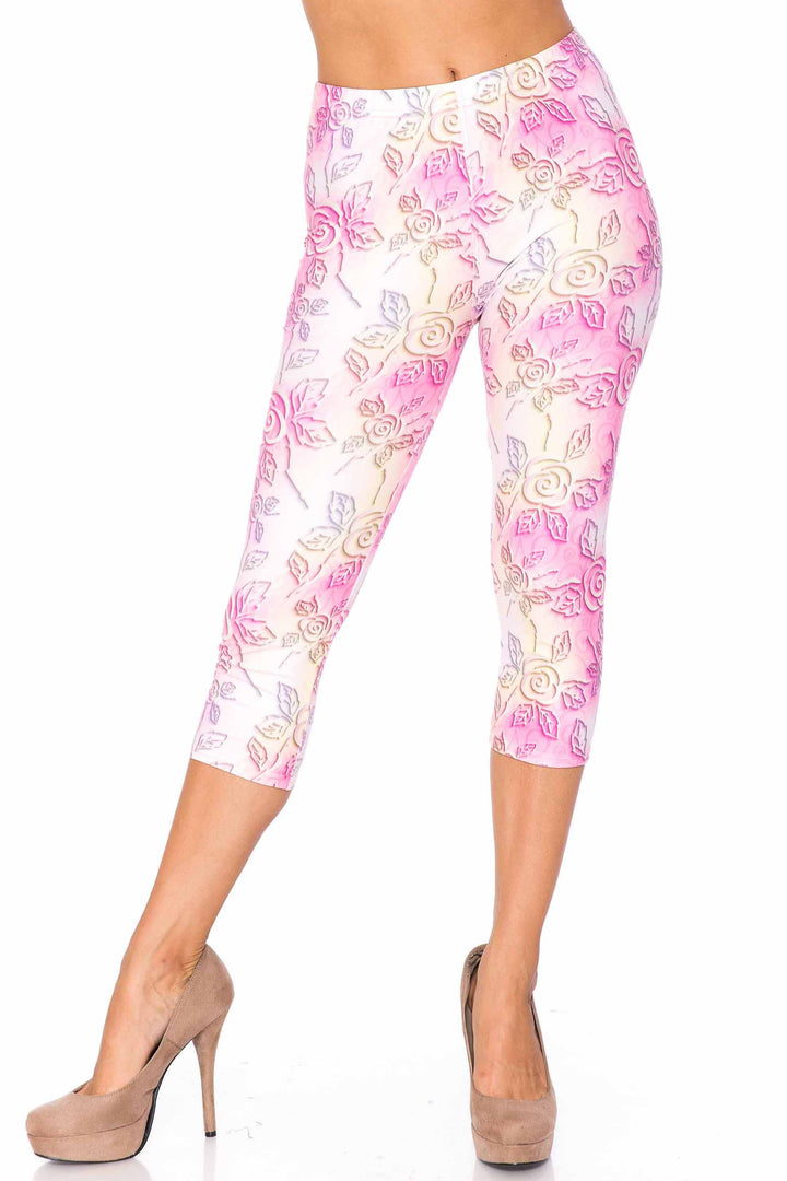 Creamy Soft 3D Pastel Ombre Rose Plus Size Capris - USA Fashion