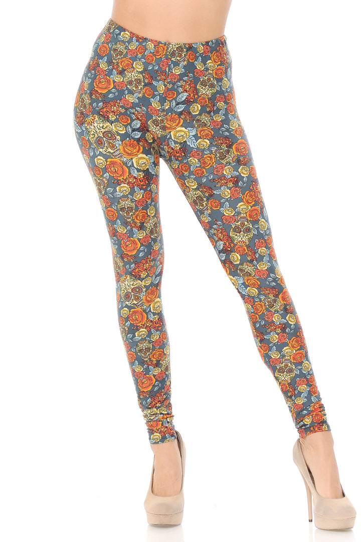 Buttery Smooth Charcoal Rose and Skulls Plus Size Leggings