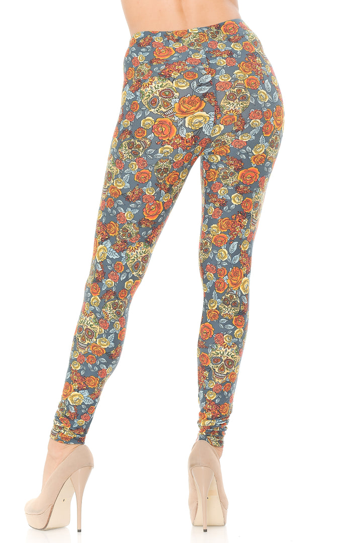 Buttery Smooth Charcoal Rose and Skulls Plus Size Leggings
