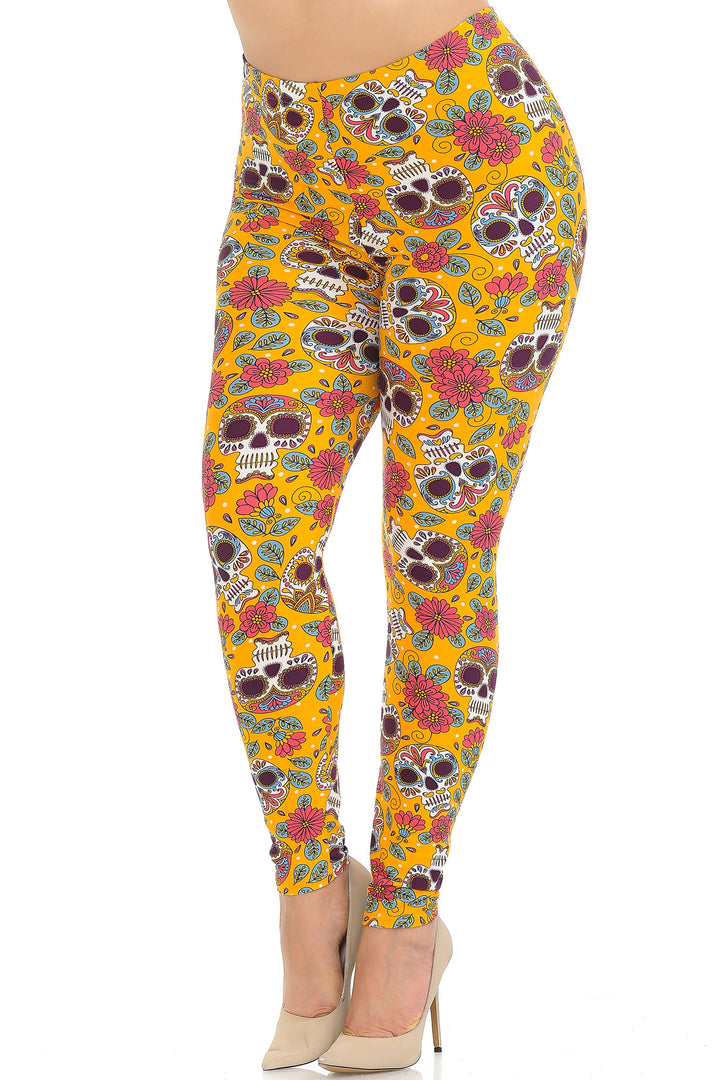 Buttery Smooth Mustard Summer Sugar Skull Plus Size Leggings