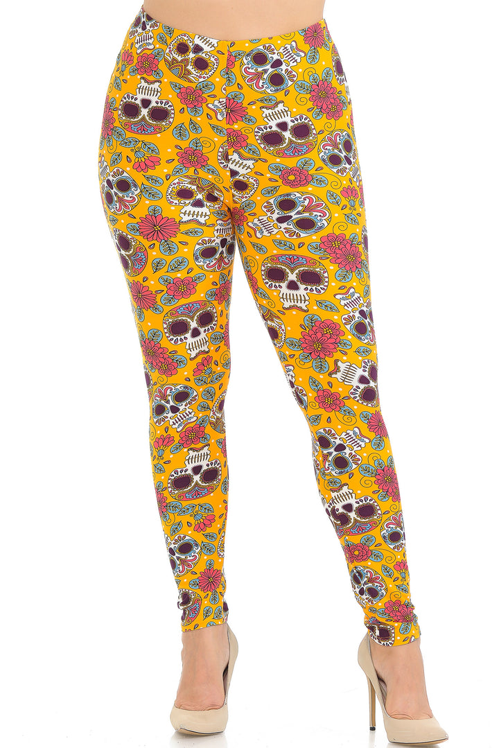 Buttery Smooth Mustard Summer Sugar Skull Plus Size Leggings
