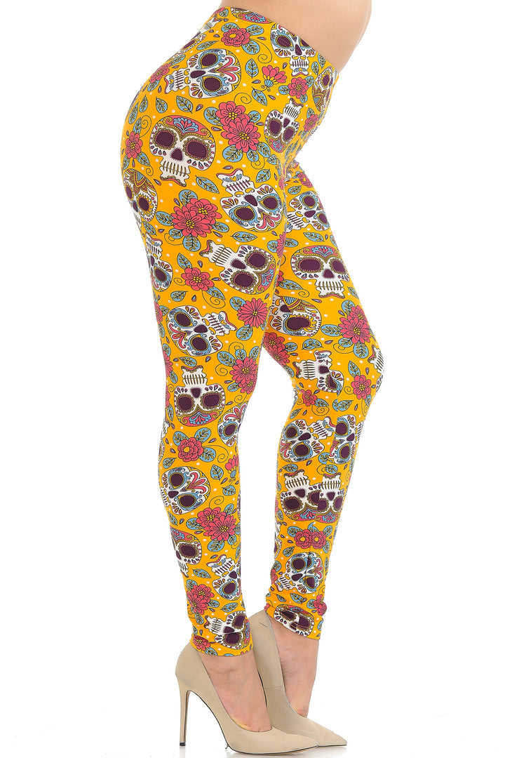 Buttery Smooth Mustard Summer Sugar Skull Plus Size Leggings