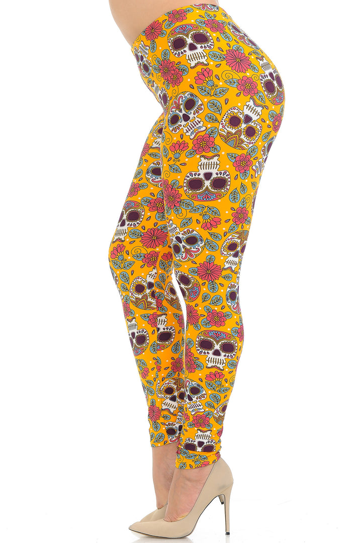 Buttery Smooth Mustard Summer Sugar Skull Plus Size Leggings