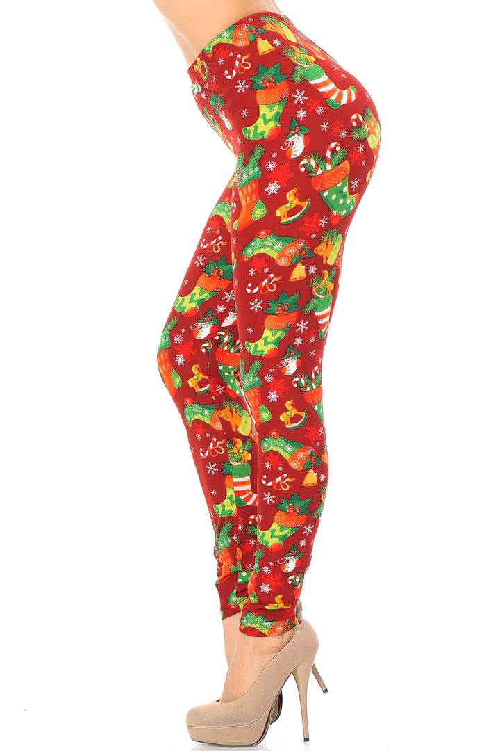 Buttery Soft Ruby Red Christmas Stocking Plus Size Leggings