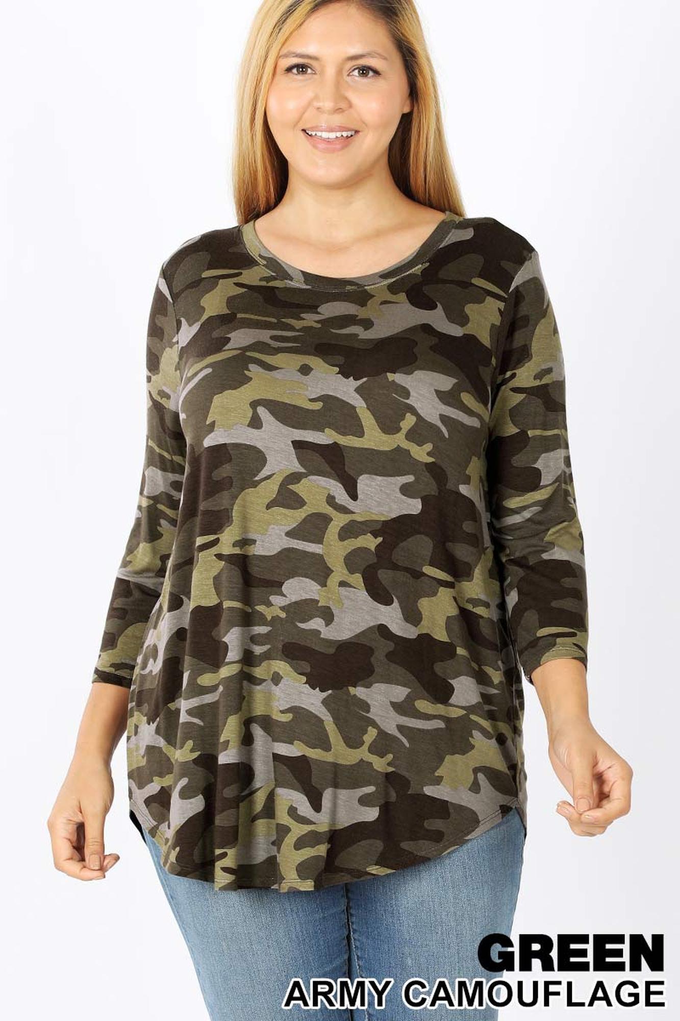 Rayon Camouflage 3/4 Sleeve Round Neck & Hem Plus Size Top