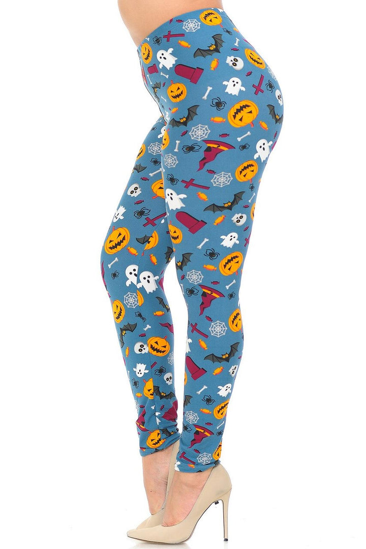 Buttery Smooth Steel Blue Halloween Motif Plus Size Leggings