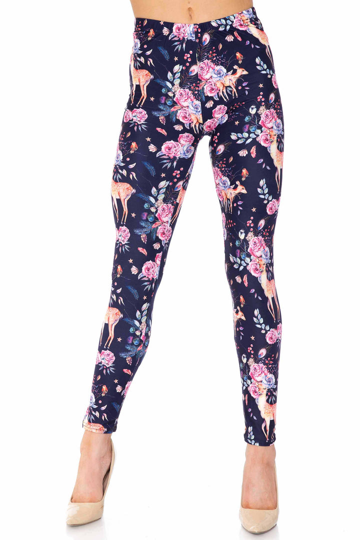 Creamy Soft Woodland Floral Fawn Plus Size Leggings - USA Fashion