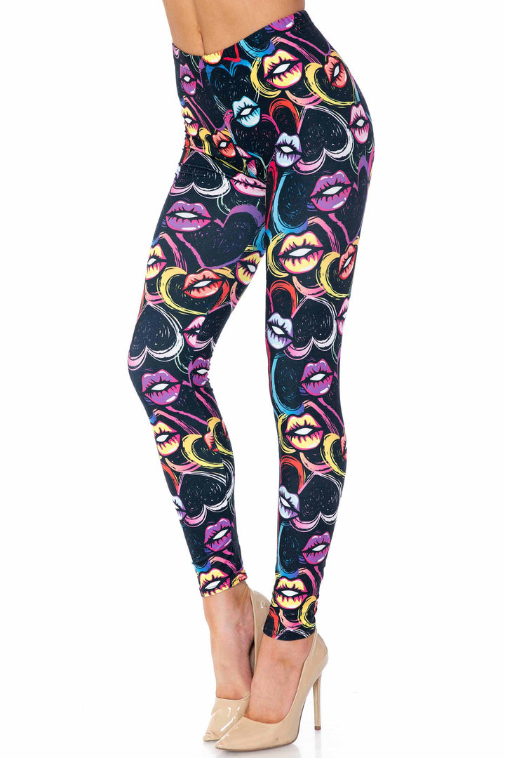 Creamy Soft Colorful Lips and Hearts Plus Size Leggings - USA Fashion (One Size Plus,Black)