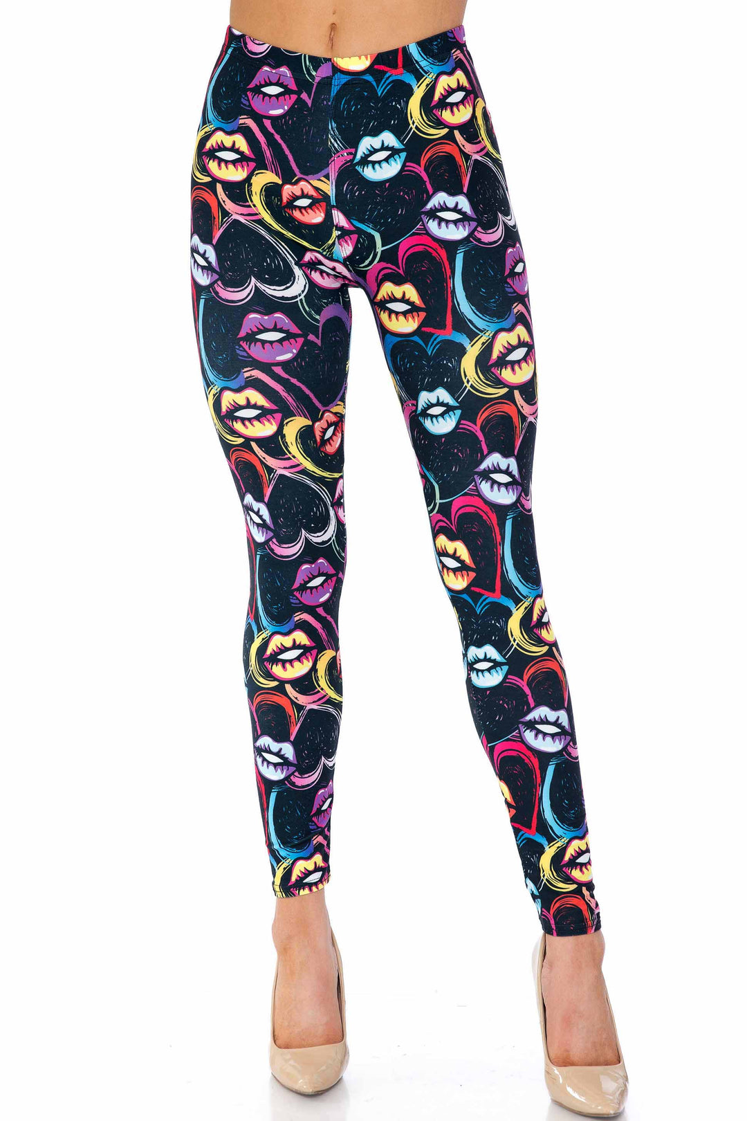 Creamy Soft Colorful Lips and Hearts Plus Size Leggings - USA Fashion (One Size Plus,Black)