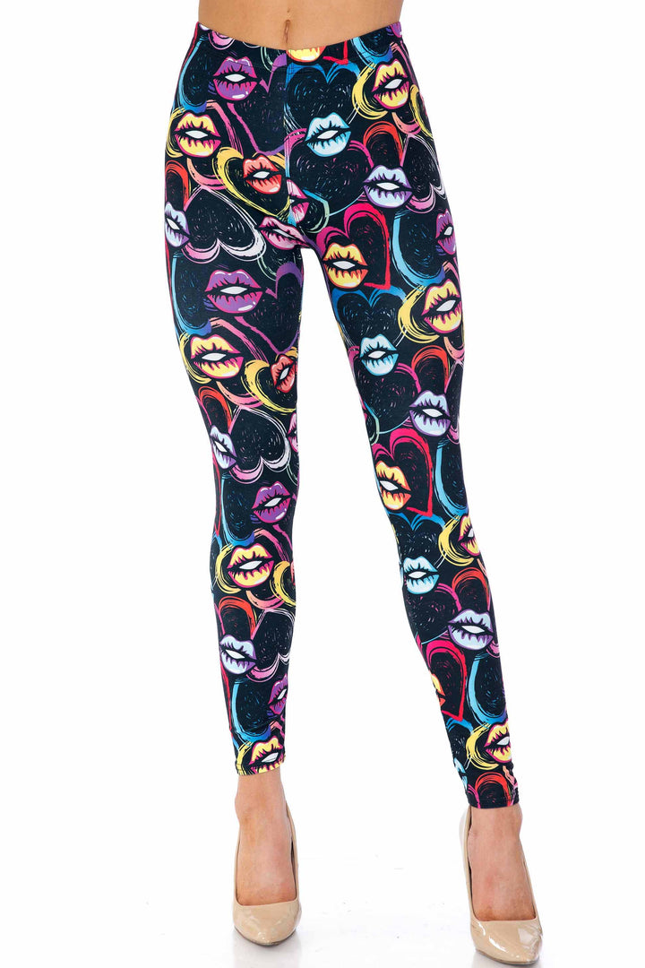 Creamy Soft Colorful Lips and Hearts Plus Size Leggings - USA Fashion (One Size Plus,Black)