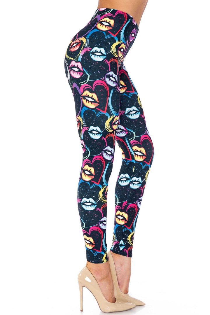 Creamy Soft Colorful Lips and Hearts Plus Size Leggings - USA Fashion (One Size Plus,Black)