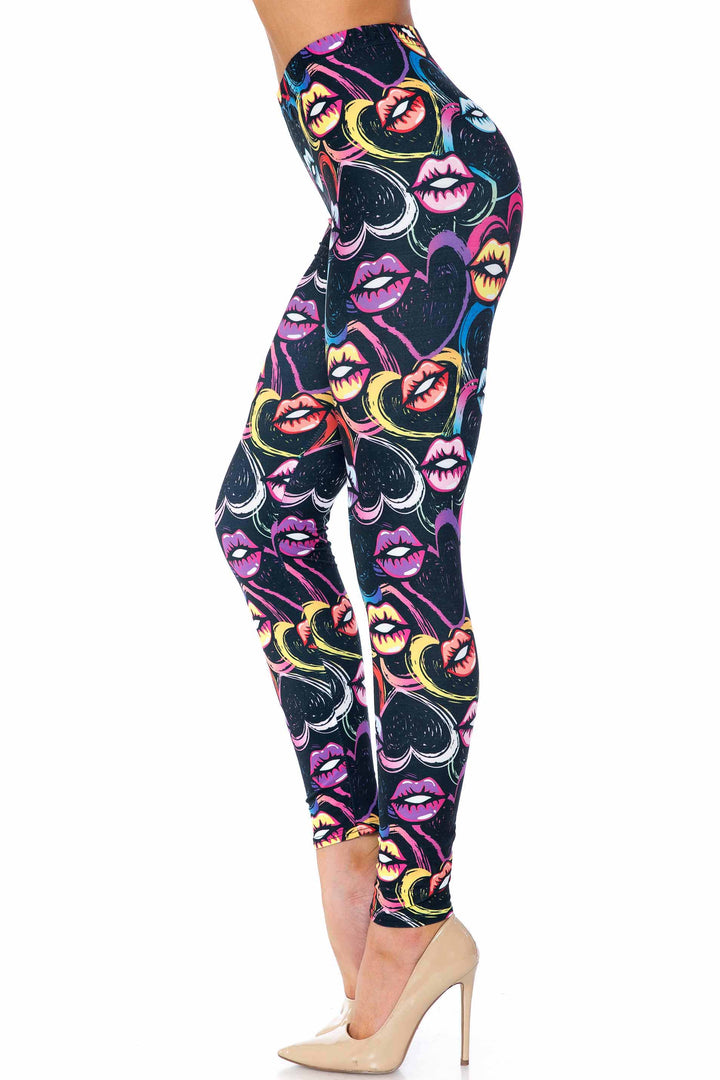 Creamy Soft Colorful Lips and Hearts Plus Size Leggings - USA Fashion (One Size Plus,Black)