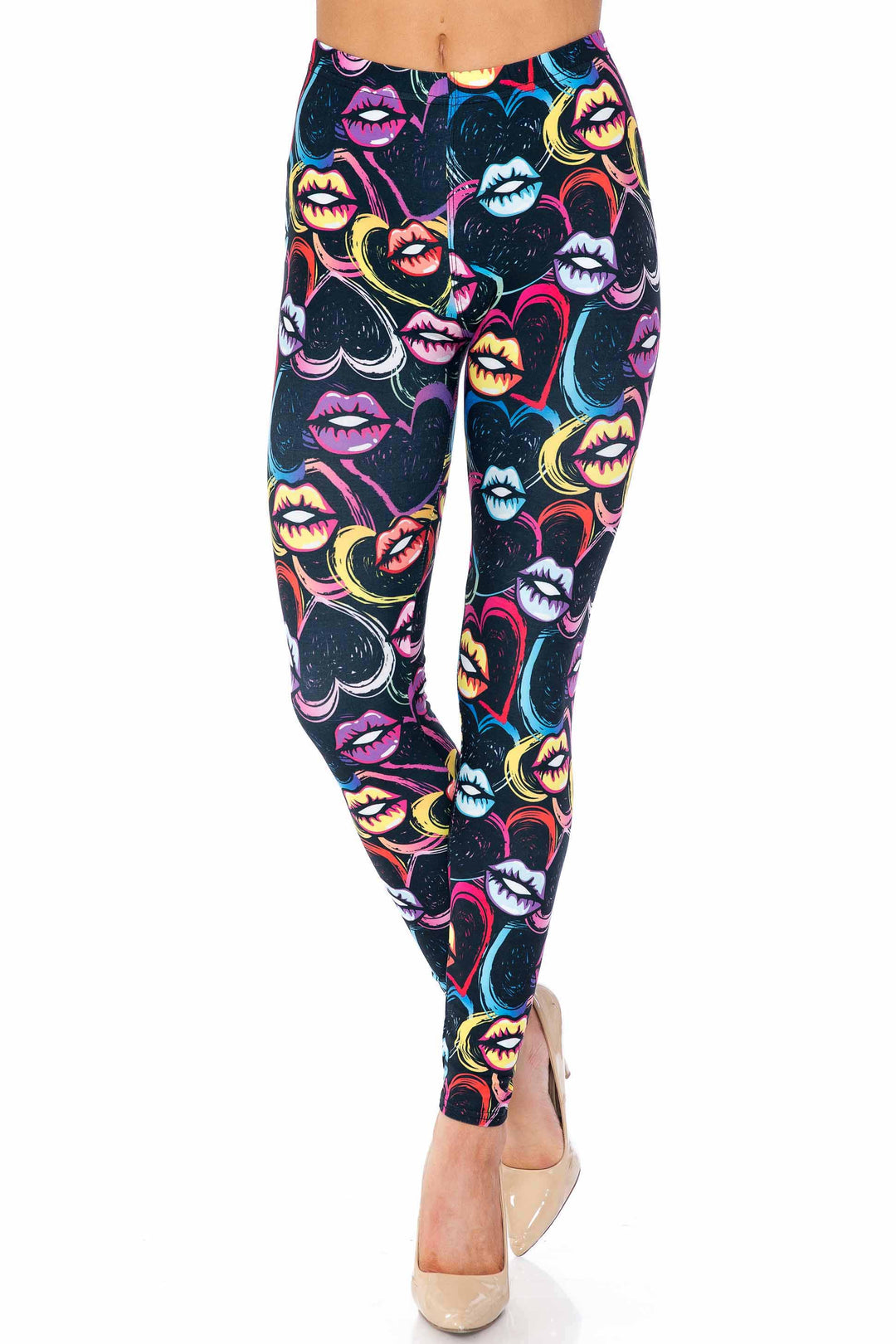 Creamy Soft Colorful Lips and Hearts Plus Size Leggings - USA Fashion (One Size Plus,Black)