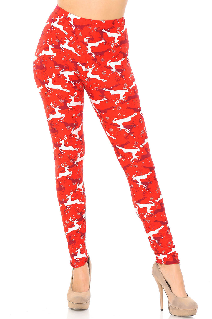 Buttery Soft Ruby Red Leaping Reindeer Christmas Plus Size Leggings