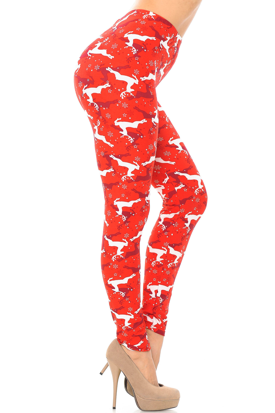 Buttery Soft Ruby Red Leaping Reindeer Christmas Plus Size Leggings