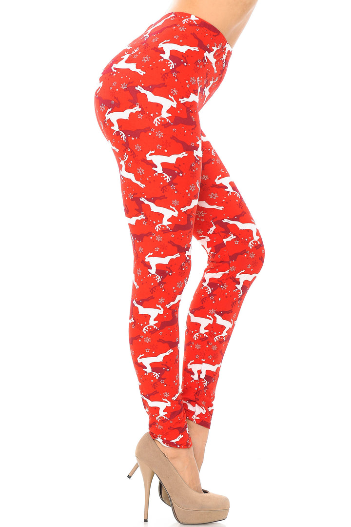 Buttery Soft Ruby Red Leaping Reindeer Christmas Plus Size Leggings