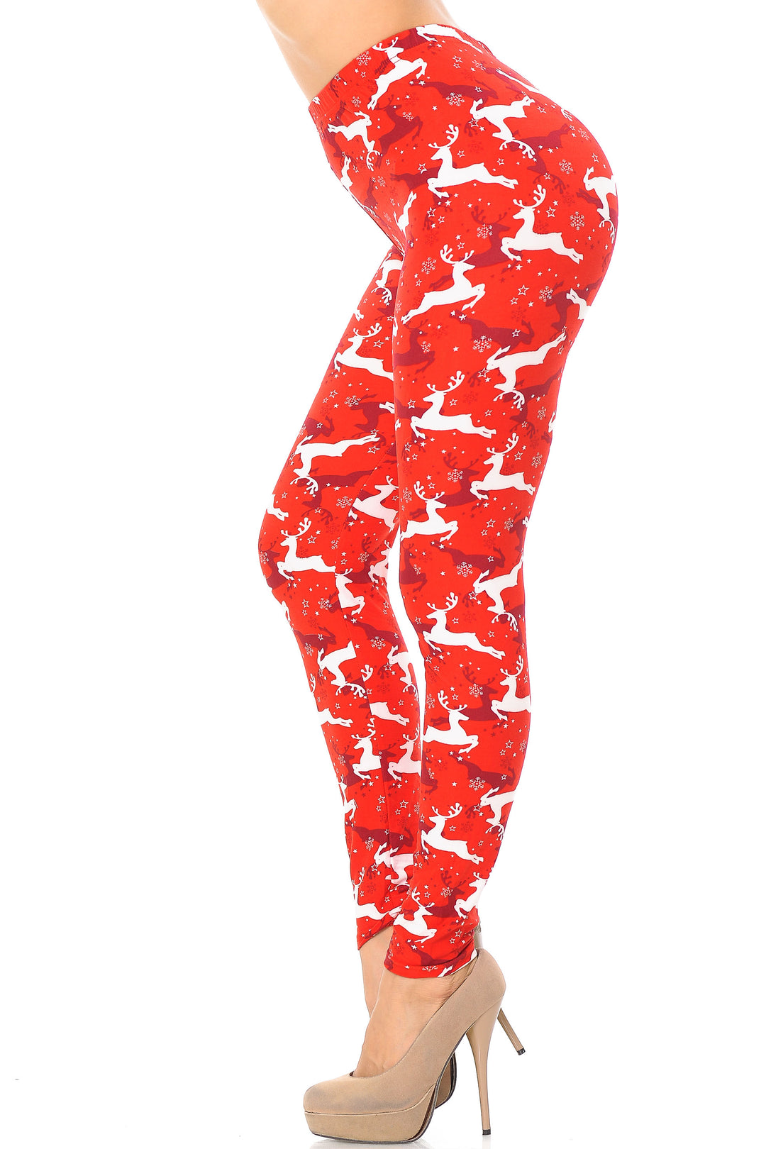 Buttery Soft Ruby Red Leaping Reindeer Christmas Plus Size Leggings