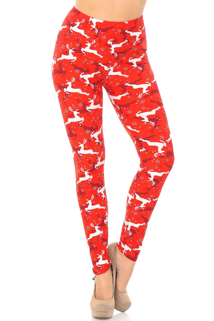 Buttery Soft Ruby Red Leaping Reindeer Christmas Plus Size Leggings