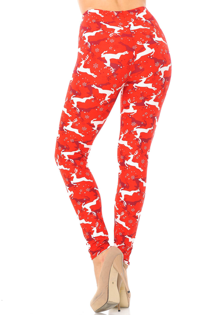 Buttery Soft Ruby Red Leaping Reindeer Christmas Plus Size Leggings