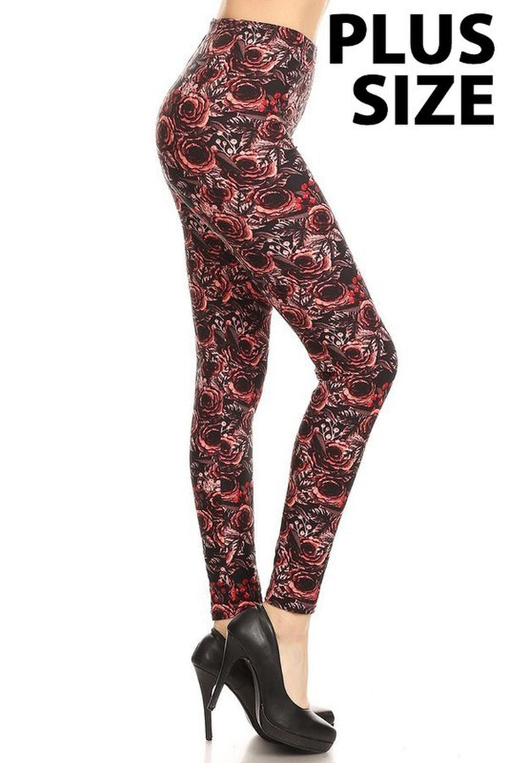 Buttery Smooth Red Rose Floral Plus Size Leggings