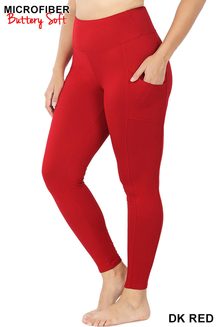 Brushed Microfiber High Waisted Plus Size Sport Leggings with Side Pockets