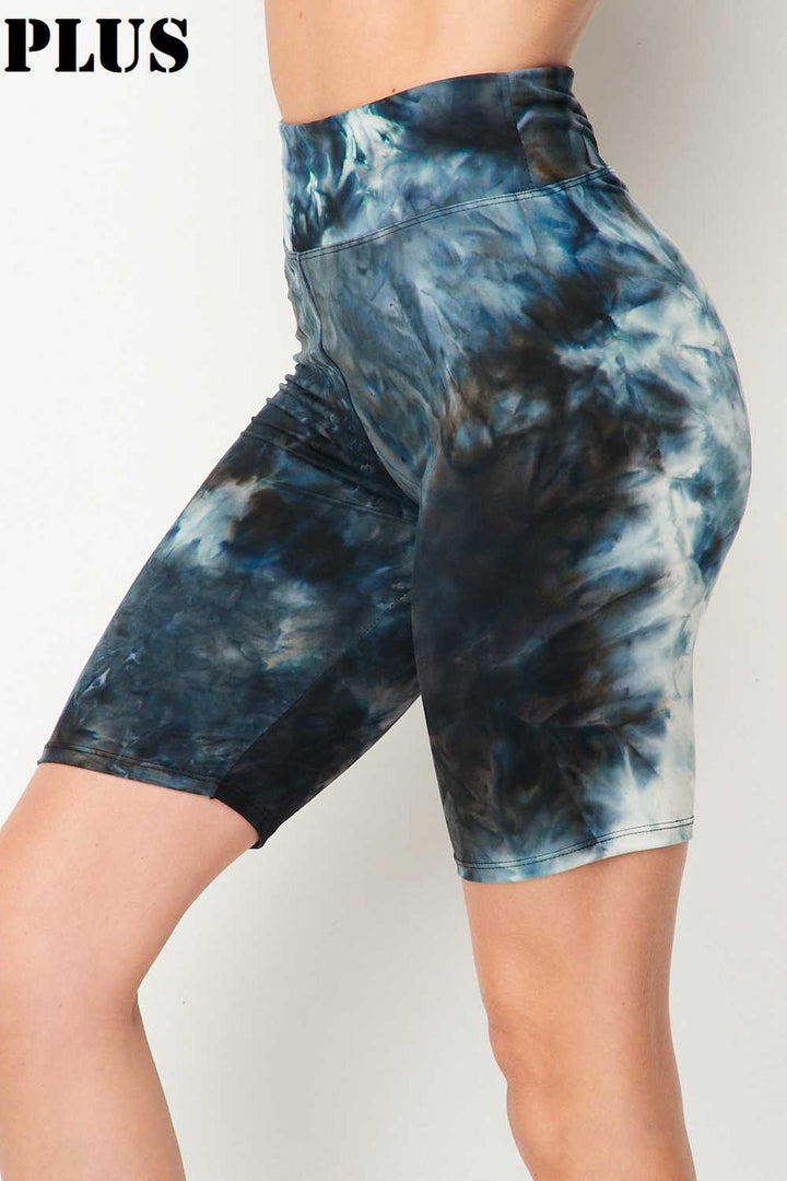 Buttery Soft Steel Blue Tie Dye High Waisted Plus Size Biker Shorts - 3 Inch Waist