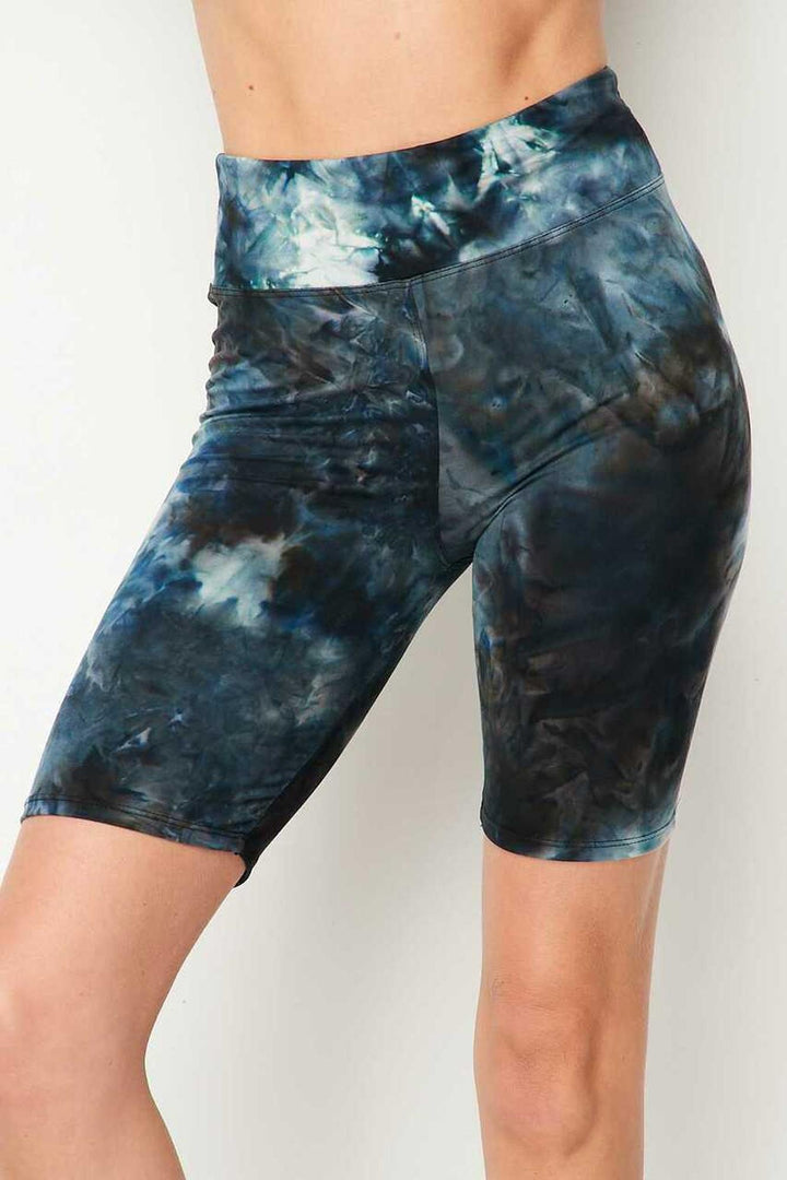 Buttery Soft Steel Blue Tie Dye High Waisted Plus Size Biker Shorts - 3 Inch Waist
