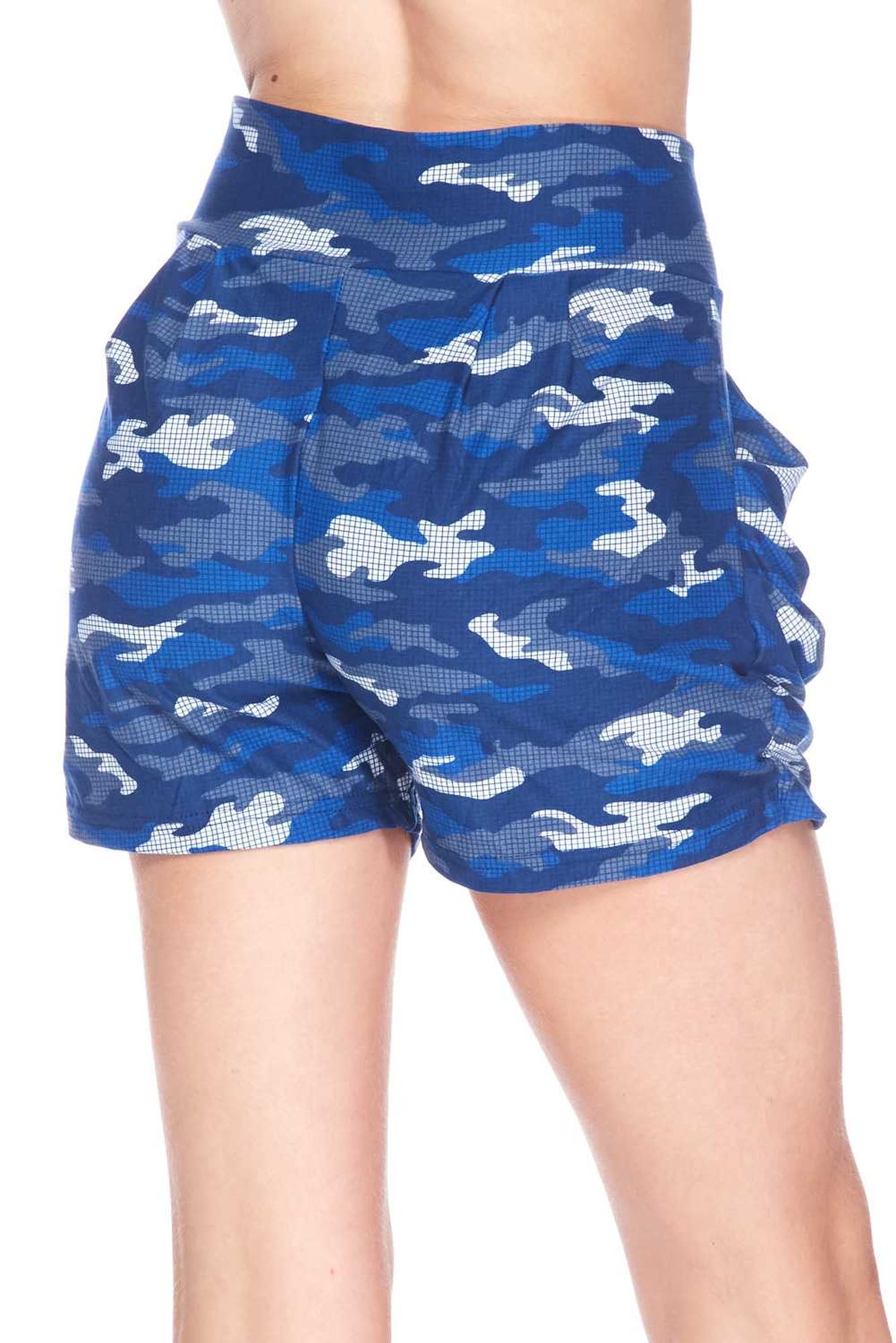 Buttery Soft Blue Grid Camouflage Harem Plus Size Shorts