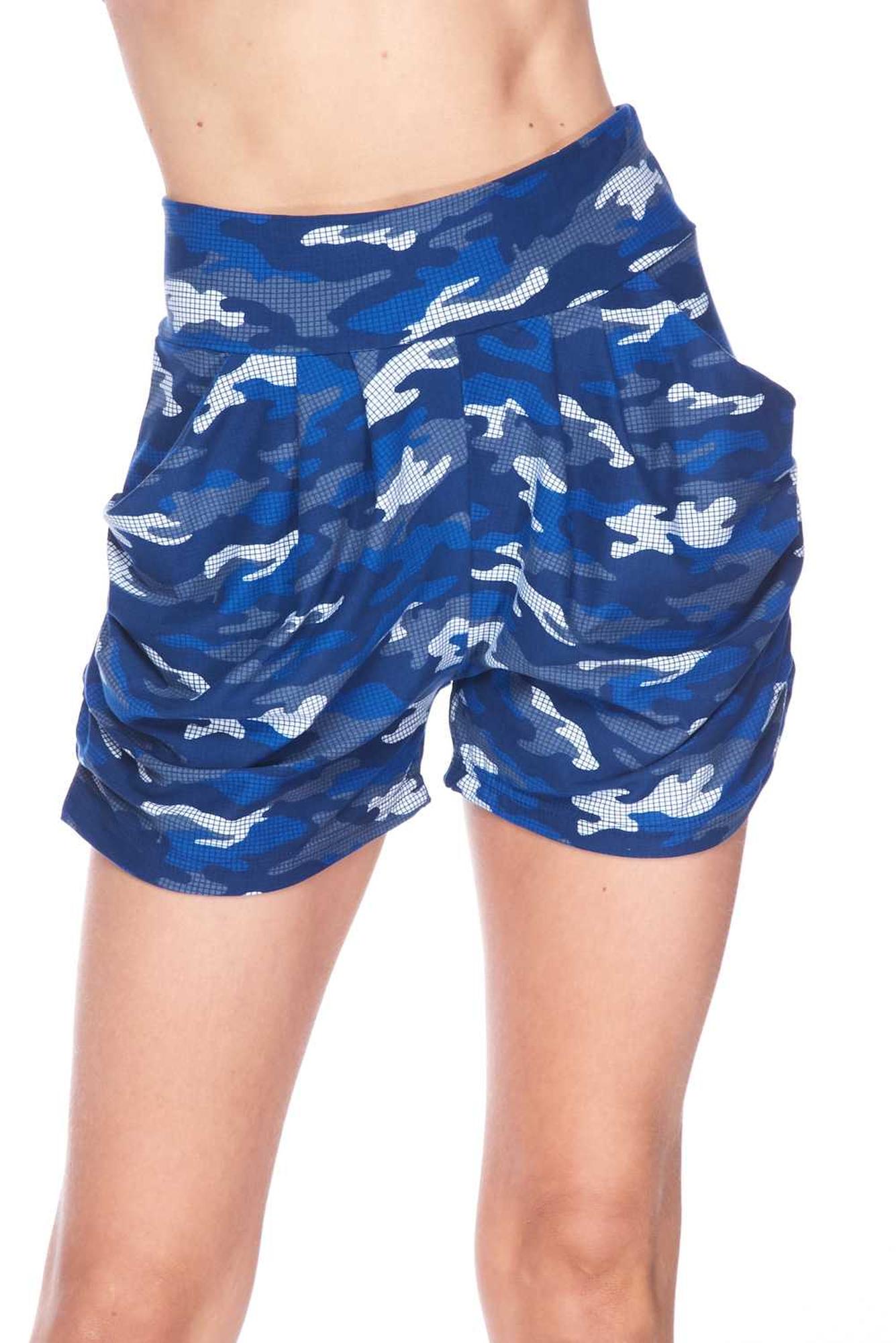 Buttery Soft Blue Grid Camouflage Harem Plus Size Shorts