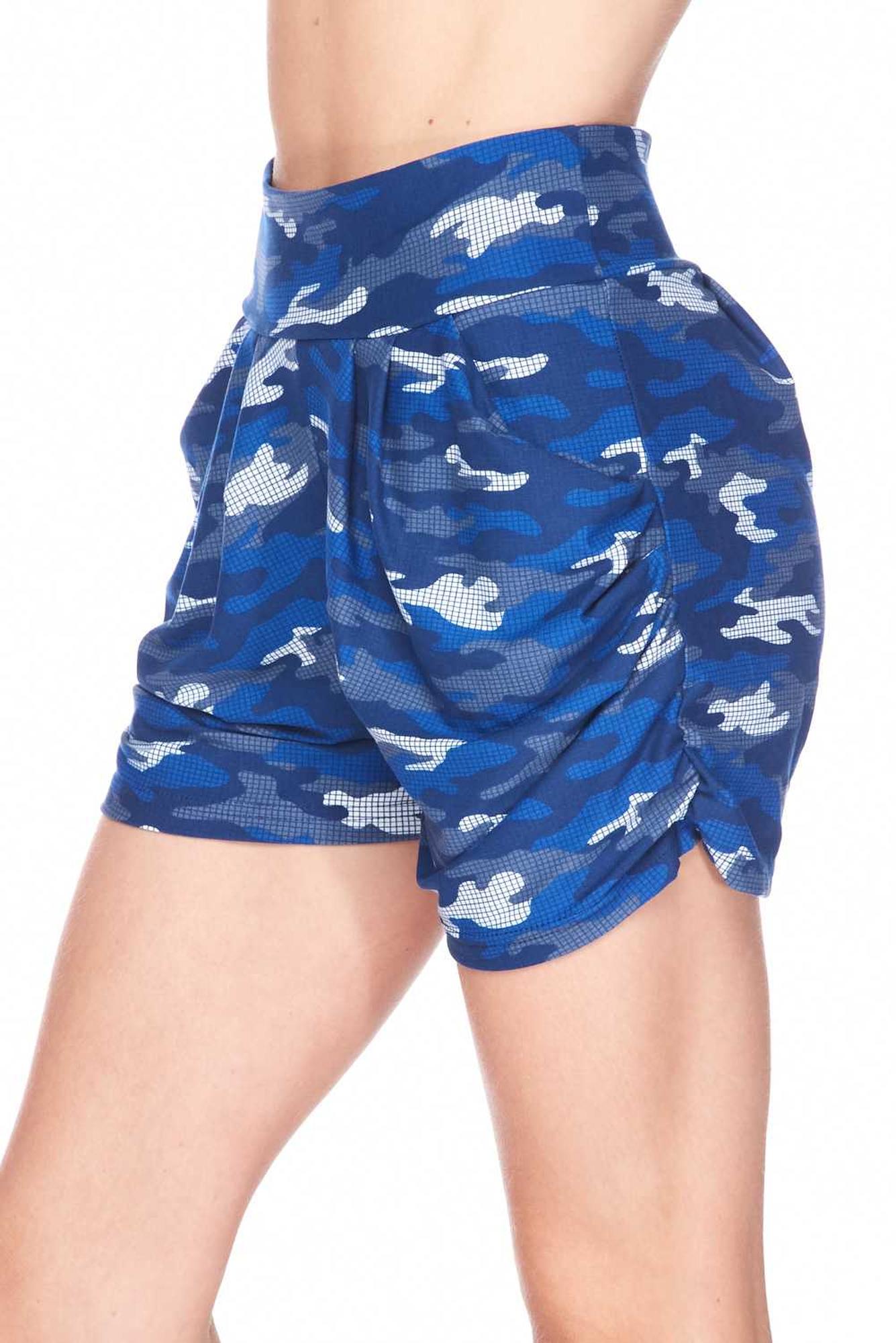 Buttery Soft Blue Grid Camouflage Harem Plus Size Shorts