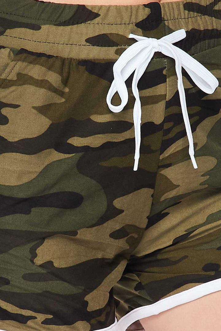 Buttery Soft Green Camouflage Drawstring Waist Plus Size Dolphin Shorts with Pockets