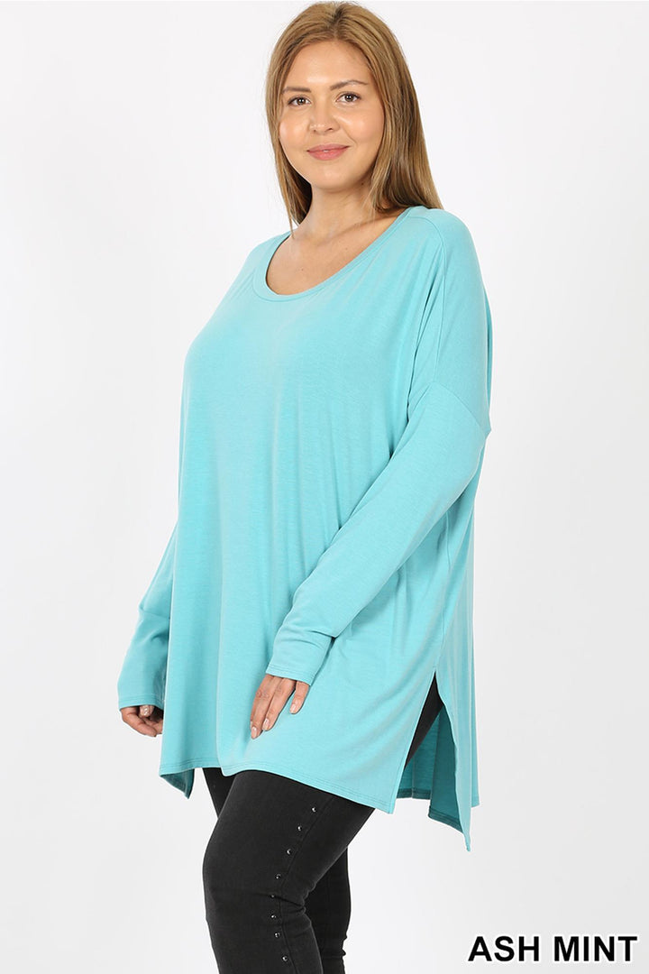 Dolman Sleeve Round Neck Side Cut HI-LOW Hem Plus Size Top
