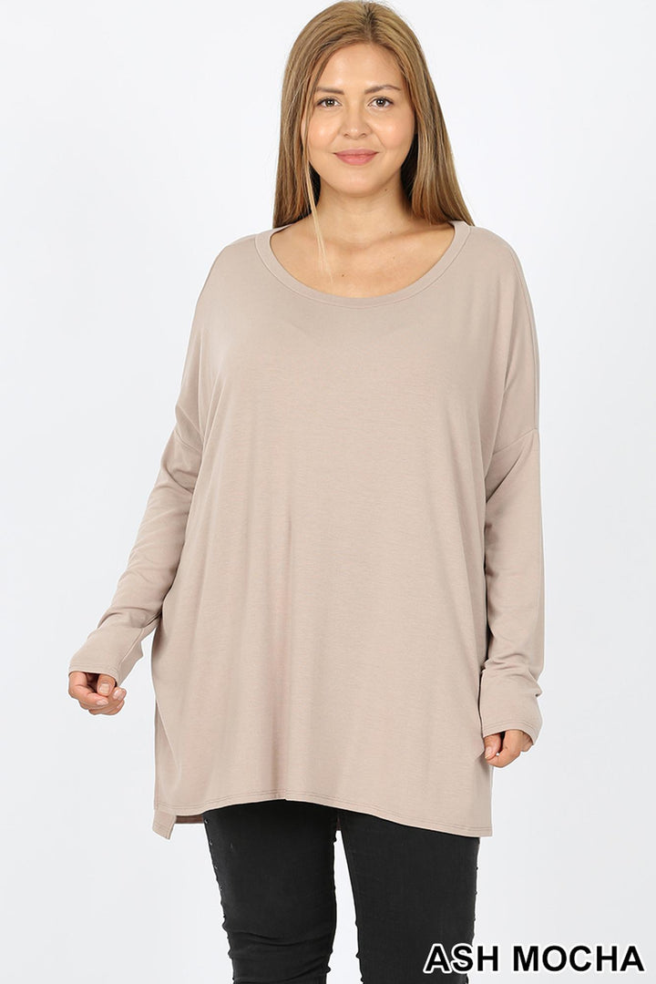 Dolman Sleeve Round Neck Side Cut HI-LOW Hem Plus Size Top