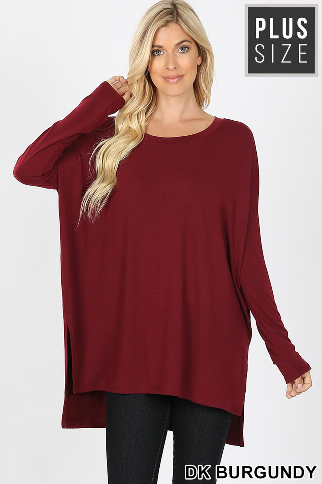 Dolman Sleeve Round Neck Side Cut HI-LOW Hem Plus Size Top