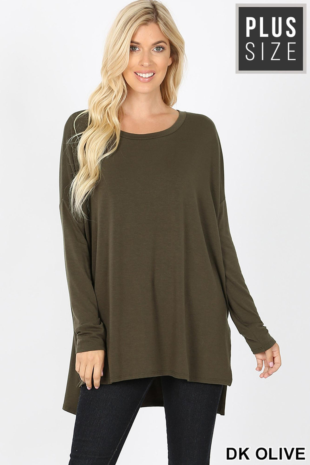 Dolman Sleeve Round Neck Side Cut HI-LOW Hem Plus Size Top