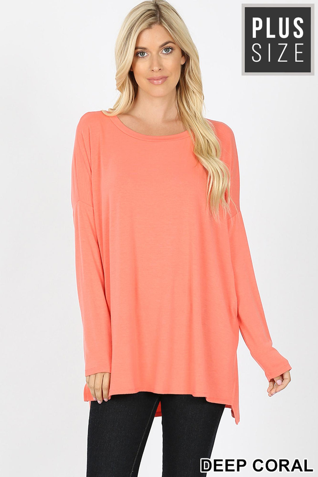 Dolman Sleeve Round Neck Side Cut HI-LOW Hem Plus Size Top