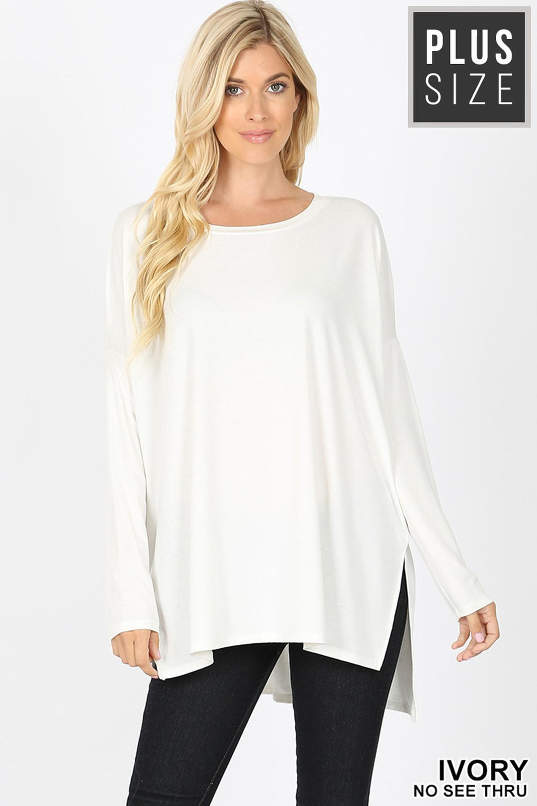 Dolman Sleeve Round Neck Side Cut HI-LOW Hem Plus Size Top