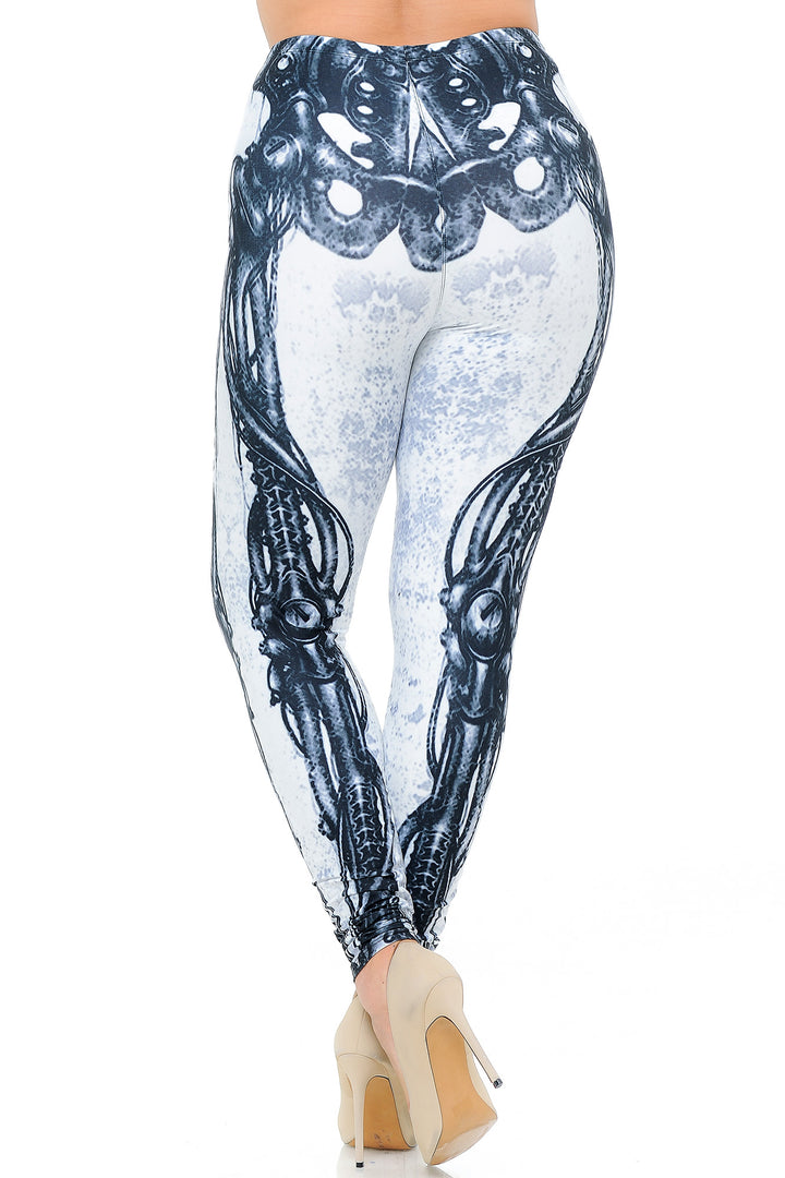 Creamy Soft White Bio Mechanical Skeleton Plus Size Leggings (Steam Punk) - USA Fashion (One Size Plus,White)