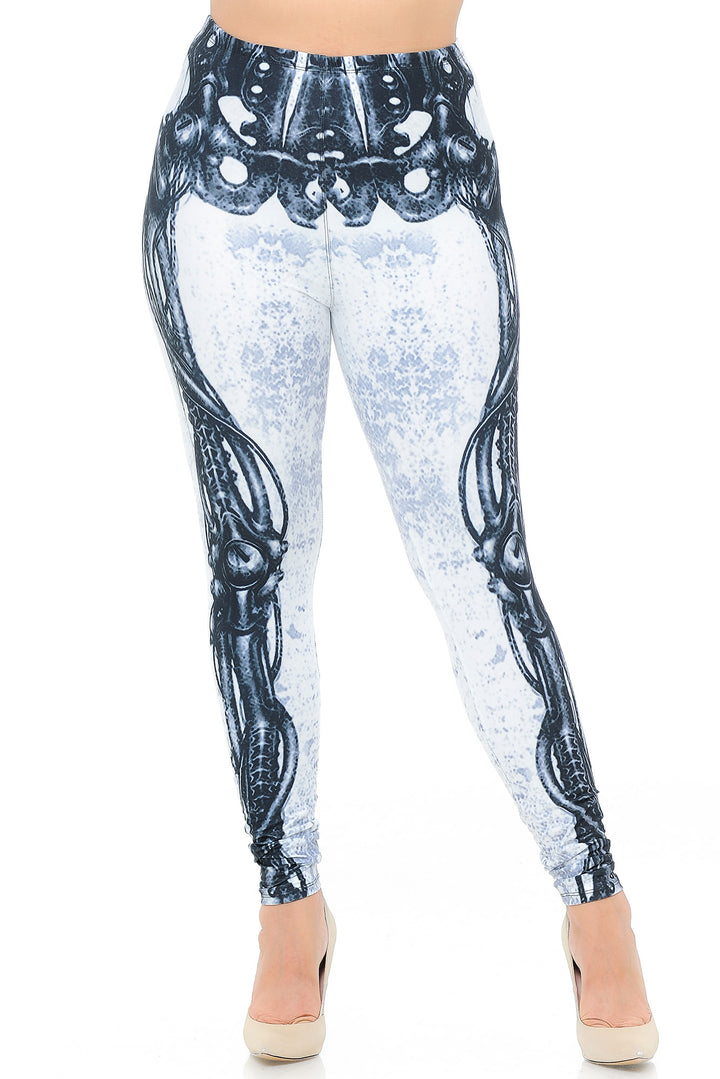 Creamy Soft White Bio Mechanical Skeleton Plus Size Leggings (Steam Punk) - USA Fashion (One Size Plus,White)