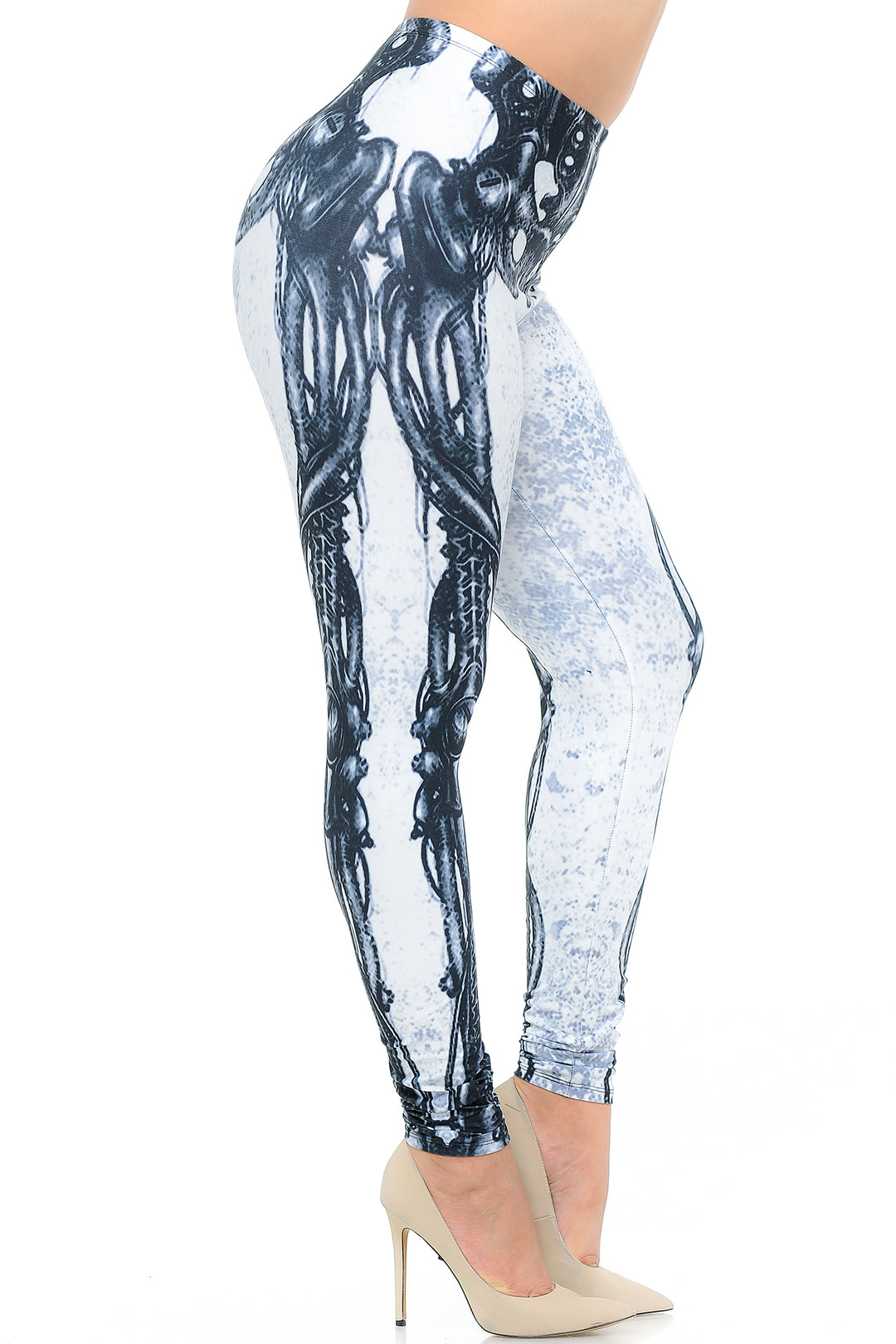 Creamy Soft White Bio Mechanical Skeleton Plus Size Leggings (Steam Punk) - USA Fashion (One Size Plus,White)