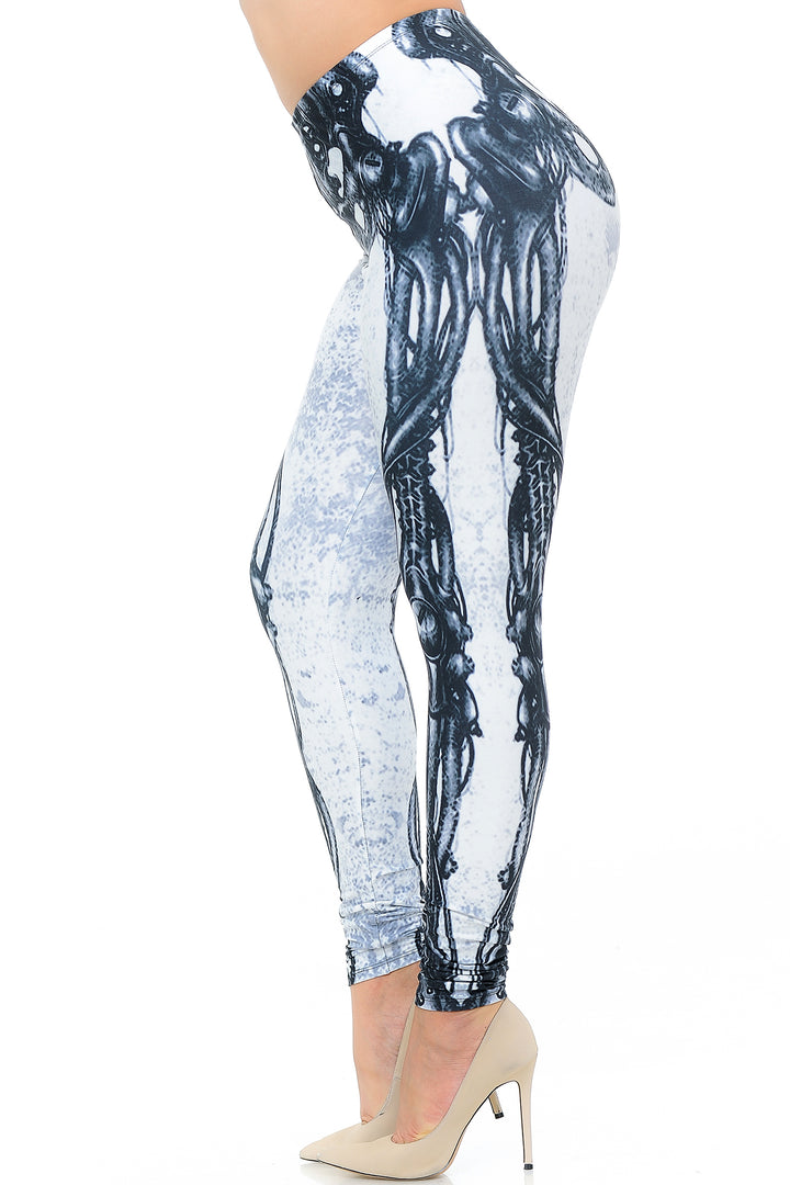 Creamy Soft White Bio Mechanical Skeleton Plus Size Leggings (Steam Punk) - USA Fashion (One Size Plus,White)