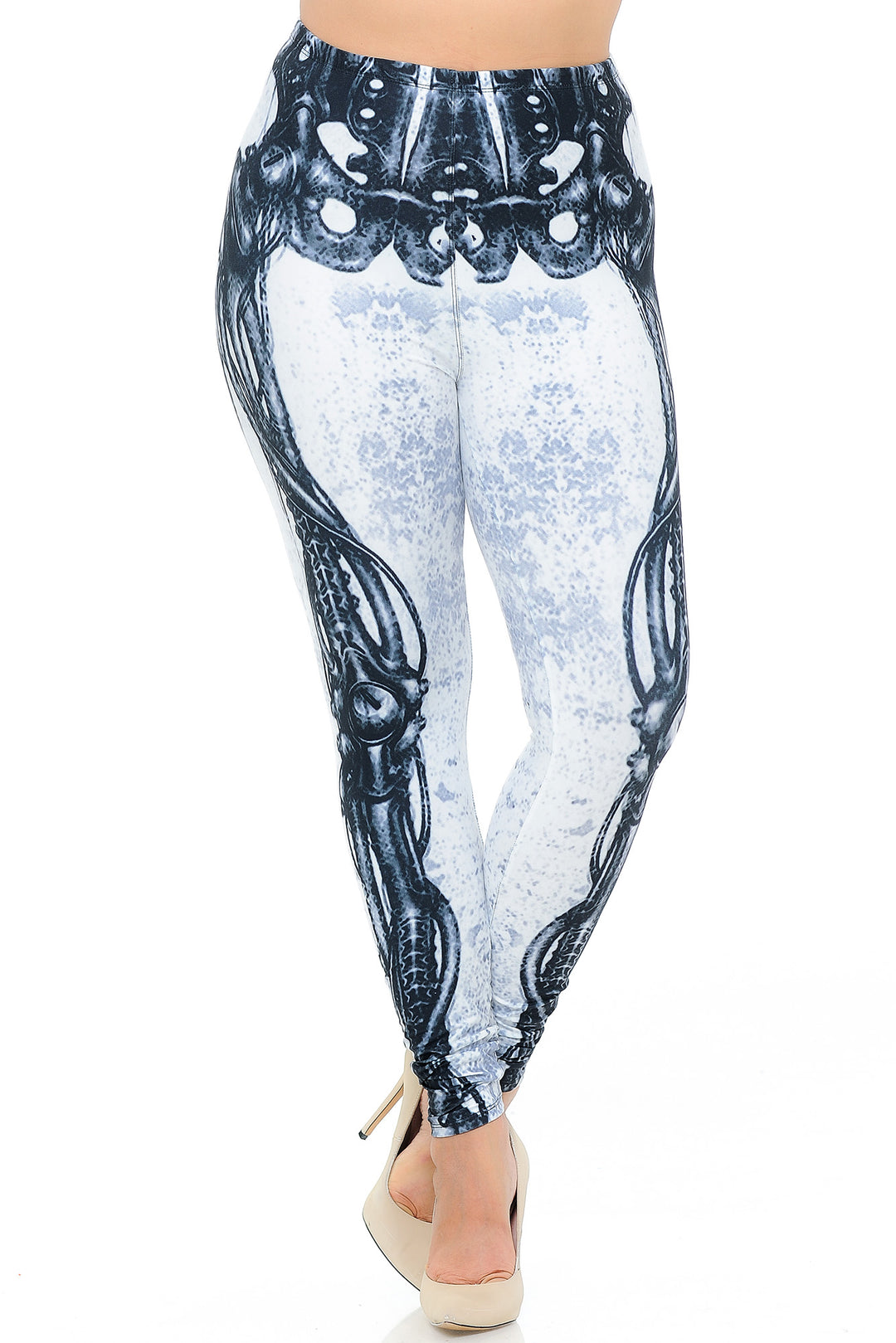 Creamy Soft White Bio Mechanical Skeleton Plus Size Leggings (Steam Punk) - USA Fashion (One Size Plus,White)