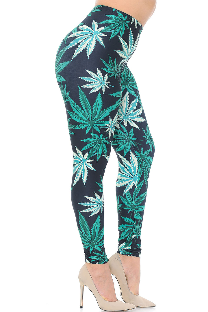 Creamy Soft Black Weed Plus Size Leggings - USA Fashion