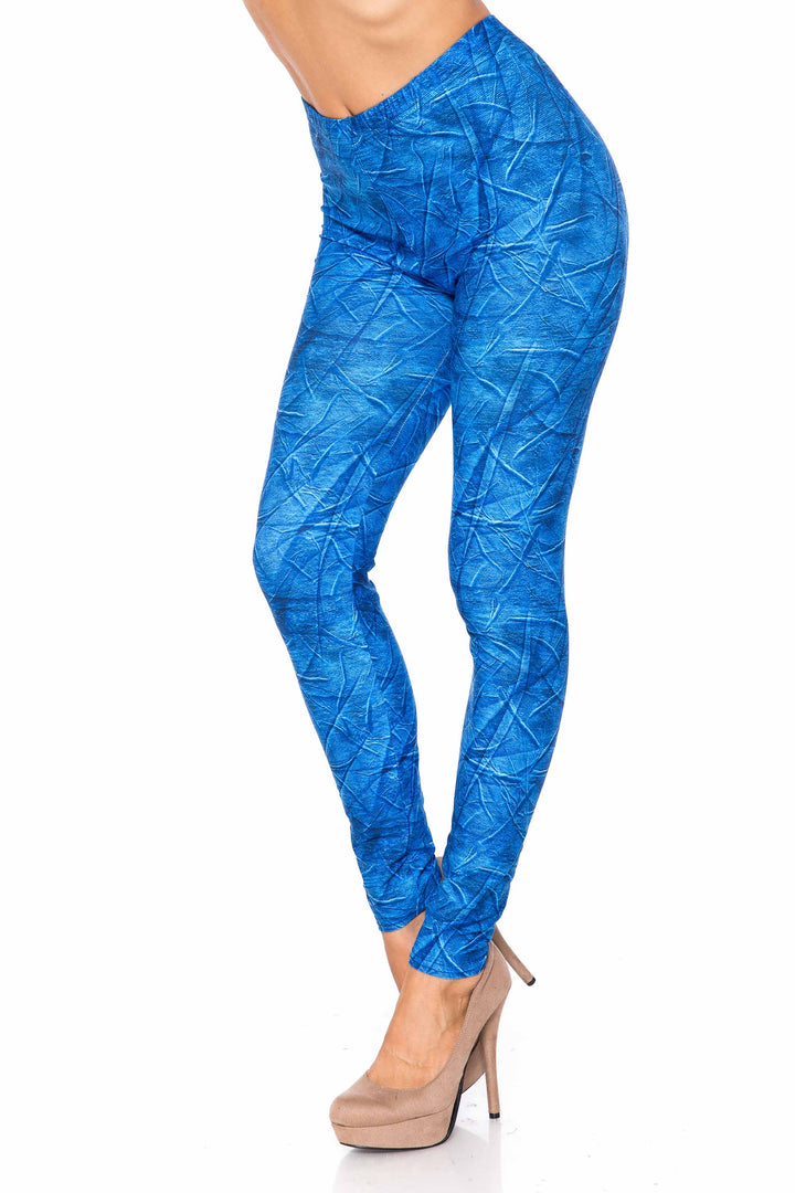 Creamy Soft Blue Wrinkled Denim Plus Size Leggings - USA Fashion