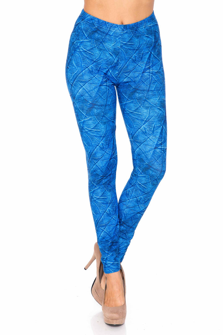 Creamy Soft Blue Wrinkled Denim Plus Size Leggings - USA Fashion (One Size Plus,Blue)