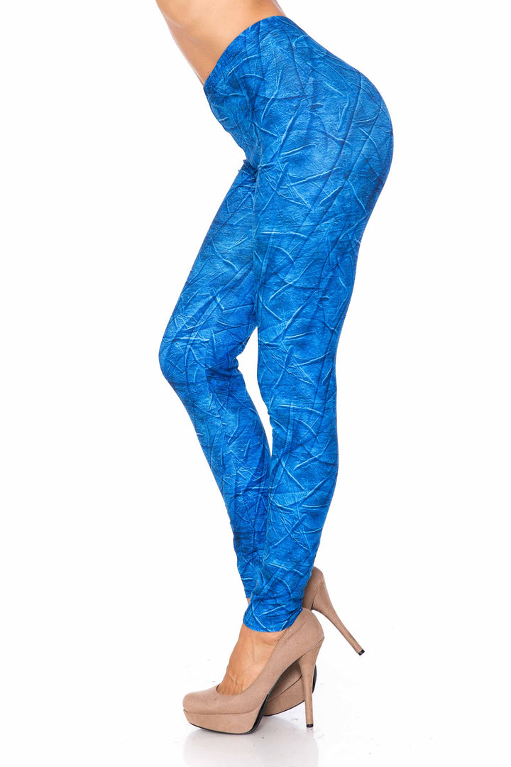 Creamy Soft Blue Wrinkled Denim Plus Size Leggings - USA Fashion