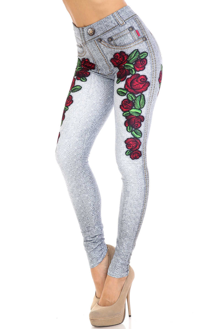 Creamy Soft Light Blue Denim Rose Plus Size Leggings - By USA Fashion