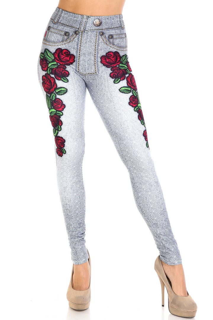 Creamy Soft Light Blue Denim Rose Plus Size Leggings - By USA Fashion