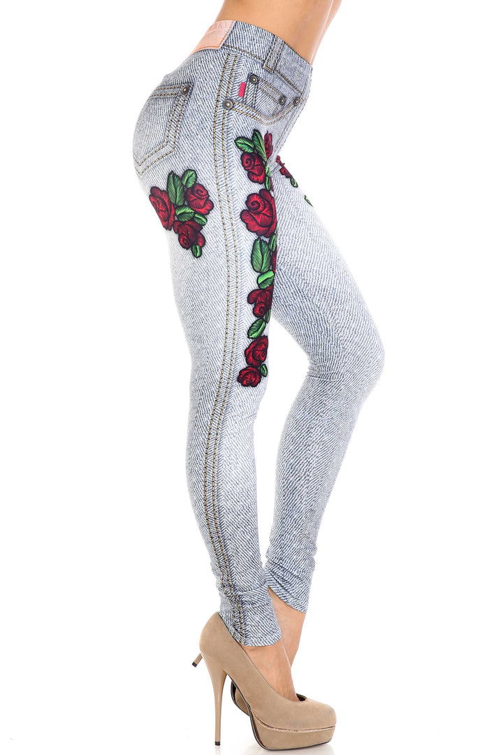 Creamy Soft Light Blue Denim Rose Plus Size Leggings - By USA Fashion