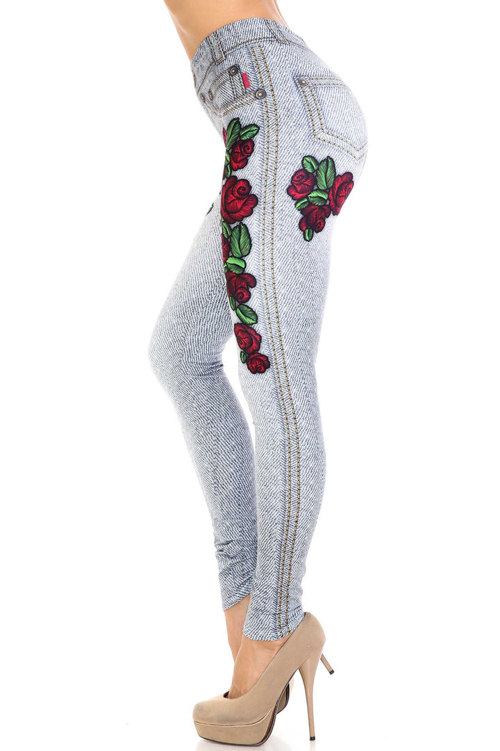 Creamy Soft Light Blue Denim Rose Plus Size Leggings - By USA Fashion